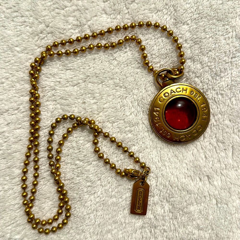 Coach Logo Pendant In Gold Tone with Amber Glass Center on Gold Tone Chain - Picture 7 of 16